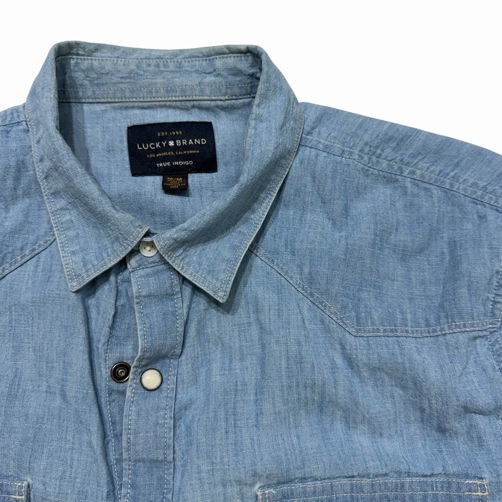 Lucky Brand Western Snap Shirt Mens Medium Blue Chambray Linen Blend M
